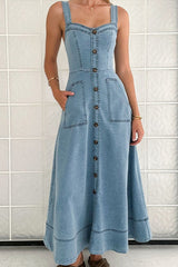 Strappy Backless Maxi Denim Dress