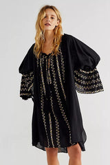 Bohemian Floral Embroidered Black Cotton Flare Boho Dress