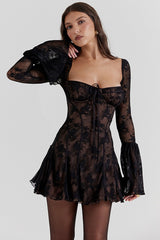 Tie Waist Bell Sleeve A Line Lace Dress