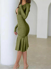 Ruched V-neck Sleeve Bodycon Midi Dress