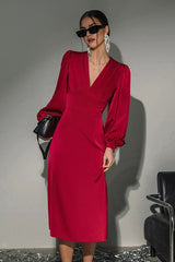 Luxury Satin Puff Sleeve Red Mermaid Midi Formal Dress