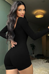Solid Ribbed U Neck Long Sleeve Slim Athletic Booty Lifting Jumpsuit