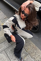 Color Block Zip Irregular Long Sleeve Sports Two Piece Set