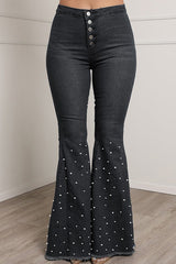 High Waist Stretch Slim Beaded Flare Loose Jeans