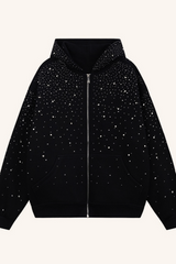 Trendy Rhinestone Air Layer Zip Black Oversized Hoodie