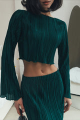 Pleated Flare Sleeve Crop Top Skirt Two Piece Set