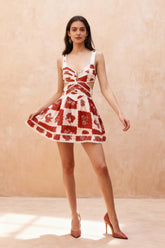 Floral Decorative Unique Print Graceful V-Neck Hollow A-Line Mini Dress