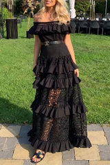 Ruffled Cutout Off Shoulder Flare Lace Maxi Boho Dress