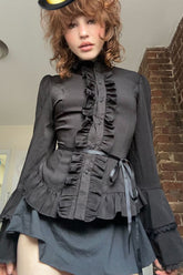Dark Waist Tie Ruffle Panel Blouse