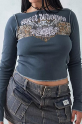 Y2K Spicy Girl Printed Slim Versatile Long Sleeve Crop Top