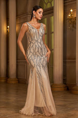 Sleeveless V Neck Sequin Mermaid Prom Dress