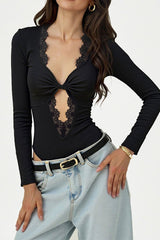 Twist Cutout V Neck Lace Trim Slim Bodysuit
