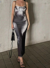 Y2K Tie Dye Print Backless Side Slit Midi Dress