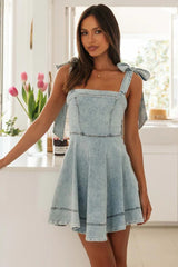 Square Neck Tie Waist Denim Dress
