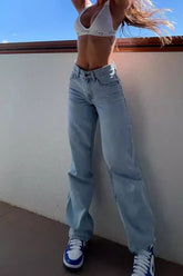 High Waist Ripped Slim Denim Straight Jeans
