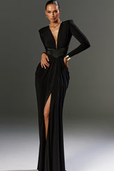 Sexy Deep V Padded Shoulder Long Sleeve High Slit Long Formal Dress