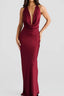 Sleeveless Halter Draped Neck Solid Satin Slim Formal Dress