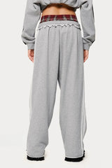 Stripe Plaid Panel Double Waist Wide Leg Pants