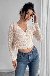 Solid Lace V Neck Sexy Long Sleeve Chic Crop Top