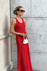 Solid Color Street Style Sleeveless Maxi Knit Elegant Summer Sweater Dress