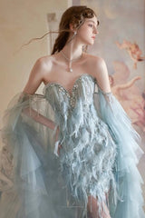 Feather Trim Ball Gown Prom Dress