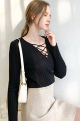 Slim Fit Lace Up V Neck Sweater