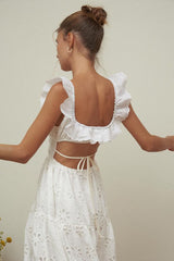 Ruffled Square Neck Embroidered Backless Split Boho Dress