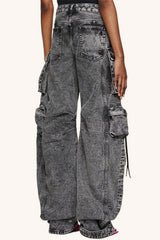 Street Style Washed Gray Patchwork Multi Pocket Cargo Wide Leg Pants