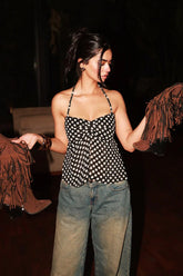 Polka Dot Ruched Halter Tie Back Crop Top