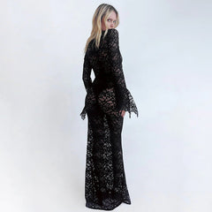 V Neck Lace Flare Sleeve Dress