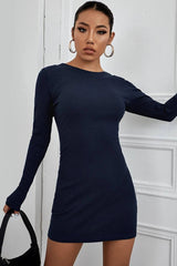 Bodycon Open Back Button Crew Neck Knit Sweater Dress