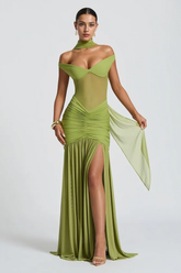 Strapless Backless Mesh Ruched Slit Party Dress