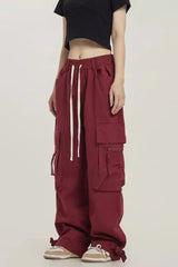 Street Style Loose Wide Leg Red Cargo Pants