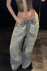 Light Wash Distressed Ripped Straight Low Rise Wide Leg Jeans