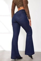 High Waist Button Front Patchwork Slim Kick Flare Jeans