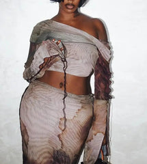 Aesthetic Print Drawstring Maxi Two Piece Skirt Set