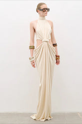 High Neck Twist Front Cut Out Reception Dress