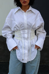 Double Ruched Tie Waist Slim Relaxed Fit Long Sleeve Blouse