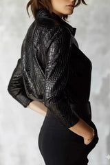 Snake Print Faux Leather Shiny Long Sleeve Chic Blouse