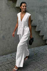 Cotton V Neck Sleeveless Vest Pants Two Piece Set