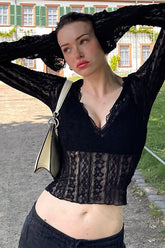 V-Neck Long Sleeve Lace Trim Crop Top