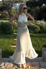 French Style Polka Dot Satin Backless Silk Dress