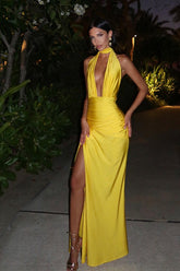 Sexy V Neck Halter Backless Solid Slit Formal Dress