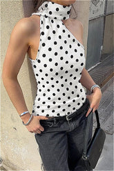 Polka Dot Halter Backless Tie Shoulder Crop Top