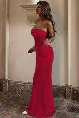 Solid Satin Ruched Slim Strapless Formal Dress