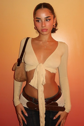 Wrap Tie V Neck Sexy Long Sleeve Cropped Crop Top