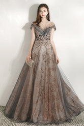 V Neck Beaded Ball Gown Prom Dress