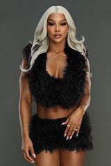 Deep V Hooded Backless Tie Fuzzy A Line Two Piece Set