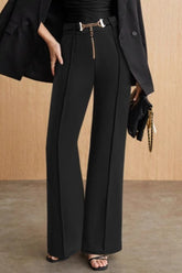 High Waist Straight Metal Belted Office Drape Pants