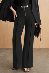High Waist Straight Metal Belted Office Drape Pants